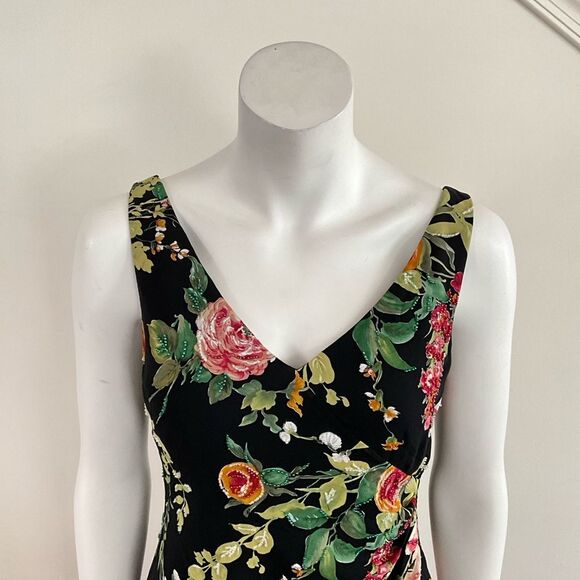 100% Silk Kay Unger Beaded Sequin Dress V-neck Black Floral 4 - Picture 5 of 10